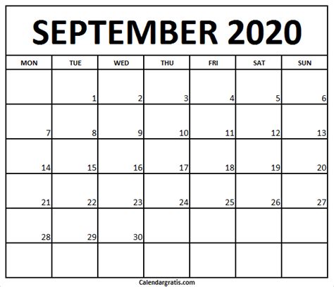 Printable September 2020 Calendar Holidays Workout Planner Template
