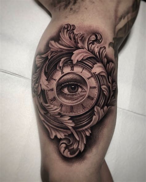 Black And Grey Eye Clock Tattoo By Artist Kiljun Grey Ink Tattoos