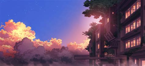 Download 1920x1080 Anime Landscape Building Sunset Clouds Scenic