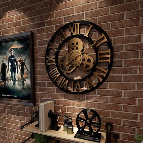 Wall Clock 3d Retro Rustic Decorative Luxury Art Big Gear Wooden