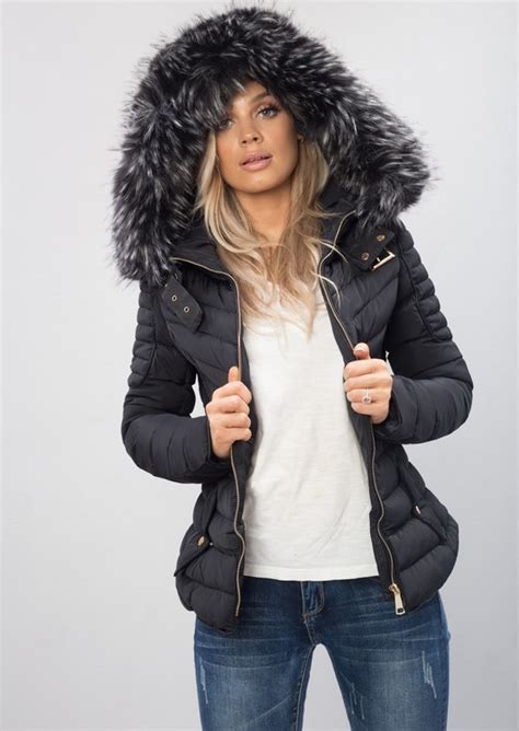 buy faux fur hooded puffer in stock