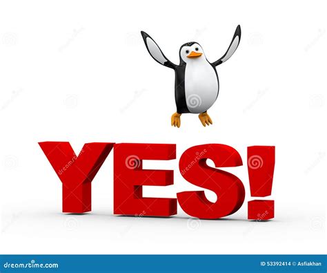 3d Cute Penguin Happy Jump Over Word Yes Stock Illustration Image