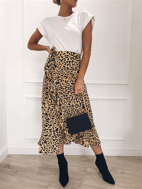 Women Leopard Print Skirt Wrap Over Aysmmetric Loose High Waist Skirt