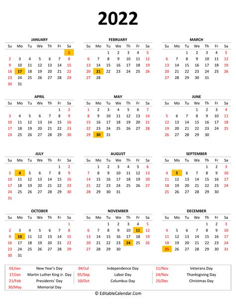 Yearly Calendar 2022 Printable With Federal Holidays Free Calendar