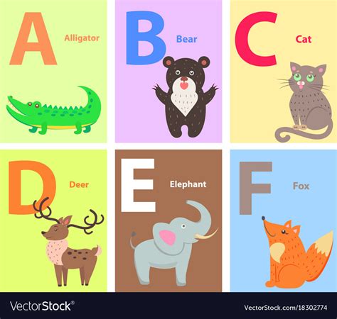 Alphabet With Cute Cartoon Animal Flat Set Vector Image