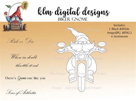 Biker Gnome Digital Stamp Black And White