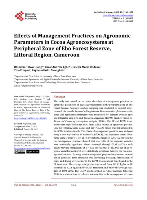 Pdf Effects Of Management Practices On Agronomic Parameters In Cocoa