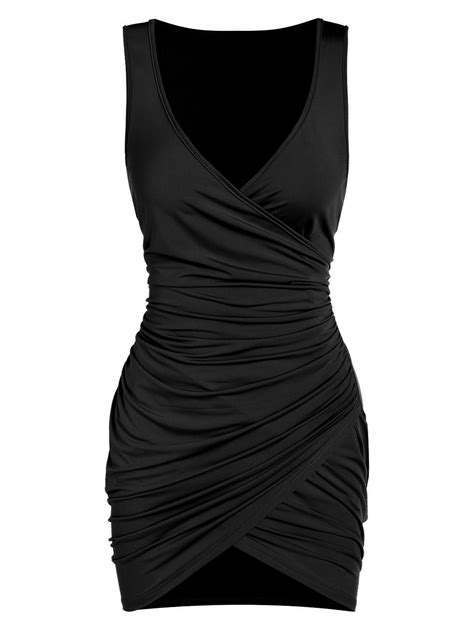 Sleeveless Plunge Neck Ruched Surplice Sheath Dress Black Buy At The