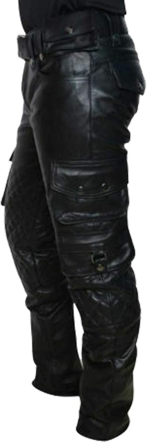 men s real cowhide leather pants cargo quilted panel trousers leather breeches bluf pant at