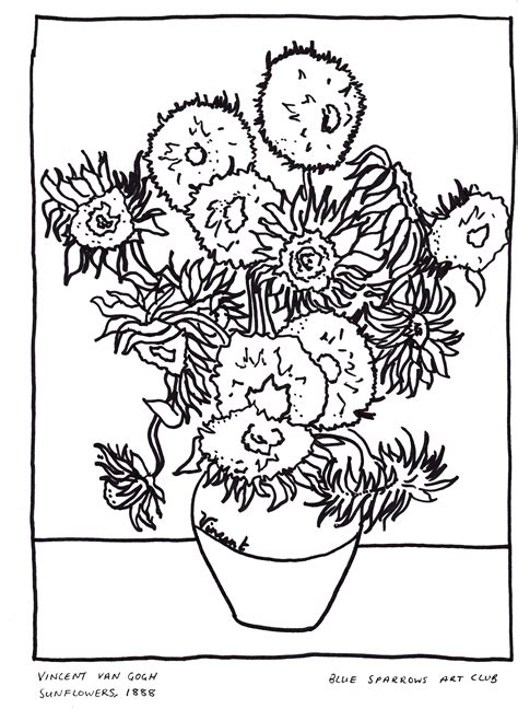 Vincent Van Gogh Sunflowers, 1888. Free Artist Colouring Page