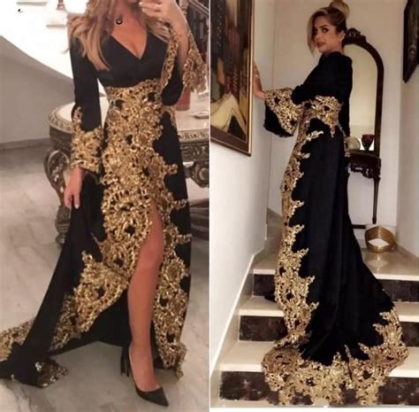 Kaftan Dubai Style Muslim Evening Dresses Long Sleeves Black Gold