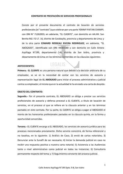 Contrato 1 CONTRATO DE PRESTACIN DE SERVICIOS PROFESIONALES Conste