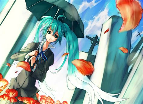 Flowers Hatsune Miku Petals Twintails Umbrella Vocaloid Konachan Com Konachan Com Anime