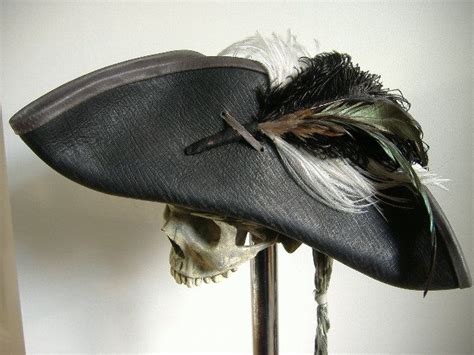 Tricorn Black Leather Hat Pirate Feather Costume Cosplay Reenactment