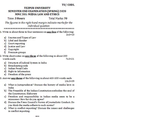 Tezpur University Tu Codl Semester End Mmc Media Law And Ethics Spring Question