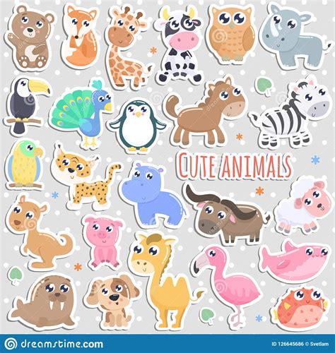 Set Of Cute Cartoon Animal Stickers Vector Illustration Stock