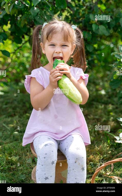 Kid Girl Eating A Large Cucumber In The Village On A Summer Day Stock Photo Alamy