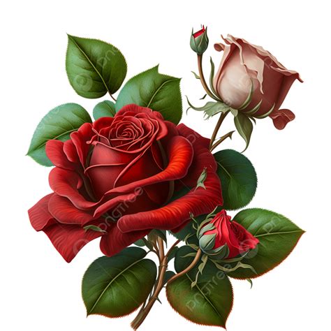 Nature Red Rose Flower Branch With Green Leaf Love Petal Red Rose