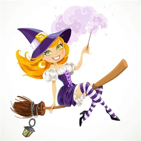 cute teenage redhaired witch in purple dress with a broom on her stock vector image by ©yadviga