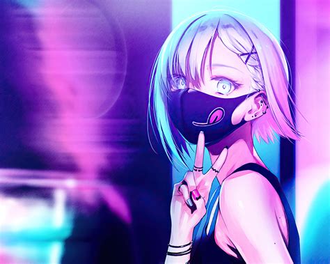 1280x1024 Anime Girl City Lights Neon Face Mask 4k 1280x1024 Resolution