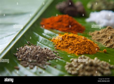 Close Up Of Spices On A Banana Leaf Stock Photo Alamy