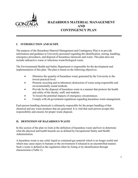 Hazardous Material Management And Contingency Plan