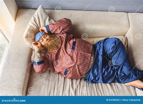 Calm Fat Man Having Nap At Home Stock Photo Image Of Funny Belly