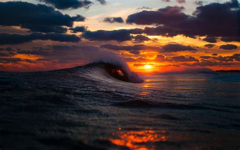 Ocean Sea Waves Sunset Sunrise Sky Clouds Spray Splash Drops