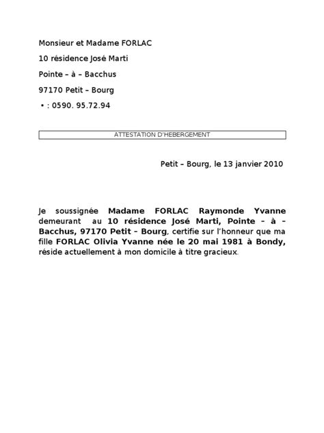 Document qui atteste sur l'honneur que l'on héberge une personne. Attestation d'hébergement