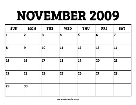 Calendar November 2009 Printable Old Calendars
