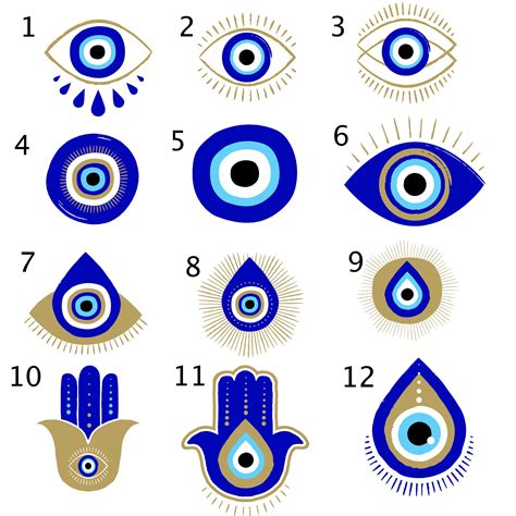 An Image Of Blue And Gold Evil Eye Designs On A White Background With