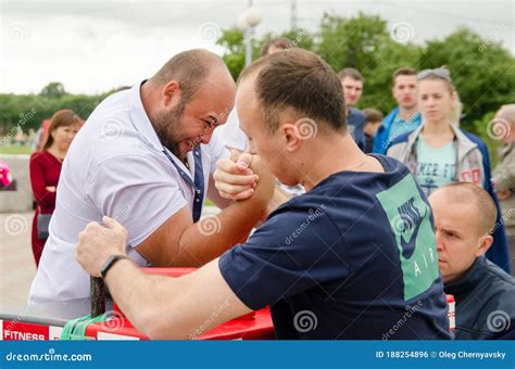 Two Arm Wrestlers Fight Each Other Arm Wrestling Competitions Outdoor