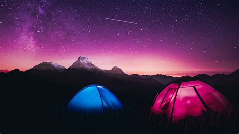 Mountains 4k Wallpaper Night Purple Sky Dome Tents