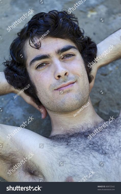 Young Hairy Shirtless Man Leaning Against Stock Photo 80972542