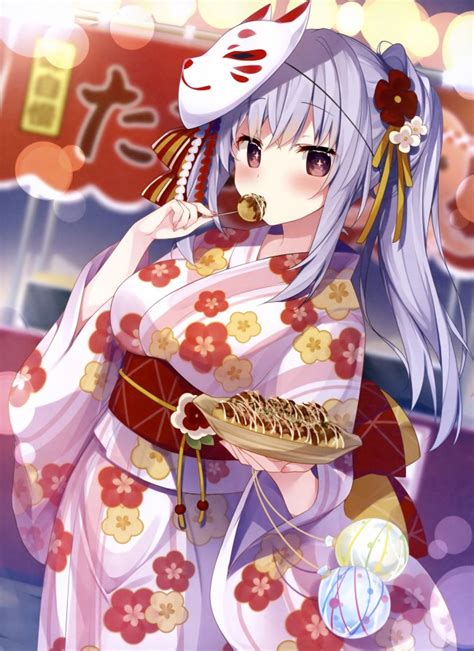 Wallpaper Anime Festival Kimono Girl Mask Eating Snack