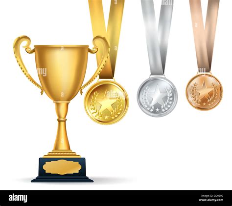Copa De Oro Y El Conjunto De Medallas Con Cintas Sobre Fondo Blanco