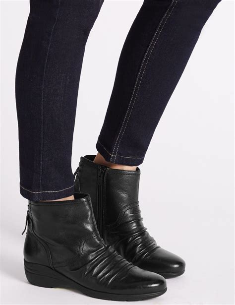 marks and spencer leather wedge tassel ruched ankle boots in black lyst