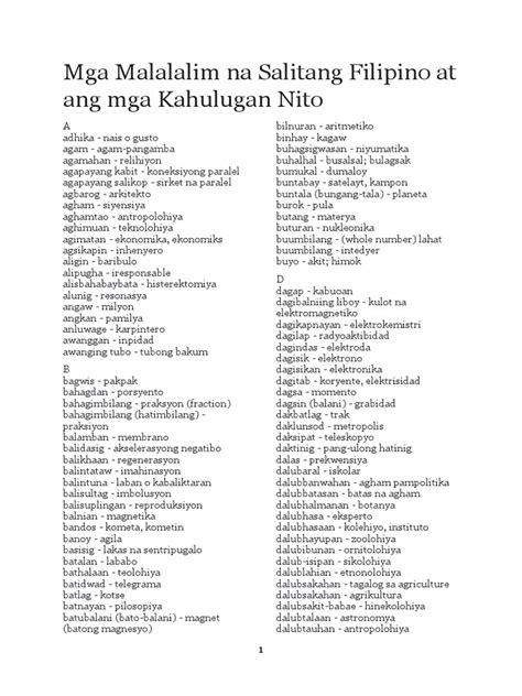 Mga Salitang Tagalog Na Malalim Gambaran
