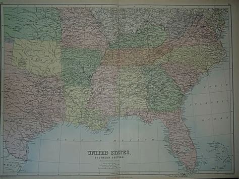 Rare Vintage 1884 Map South East United States Texas Florida