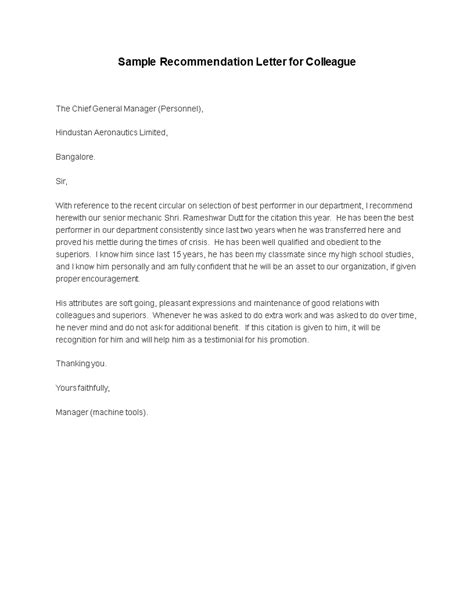Free Recommendation Letter For Colleague Templates At Allbusinesstemplates Com