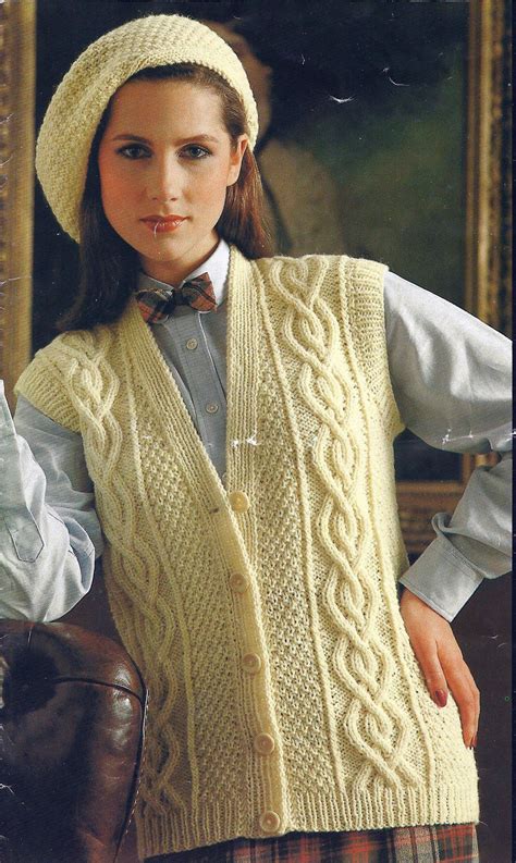 pdf instant digital download ladies aran waistcoat beret etsy uk cable knit sweater pattern