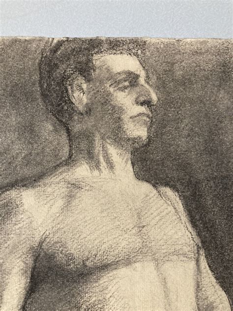 Grand Dessin Académique Mine De Plomb nu Jeune homme Garçon Portrait 1900