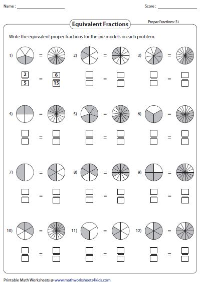 Writing Equivalent Fractions Using Pie Model Fractions Worksheets