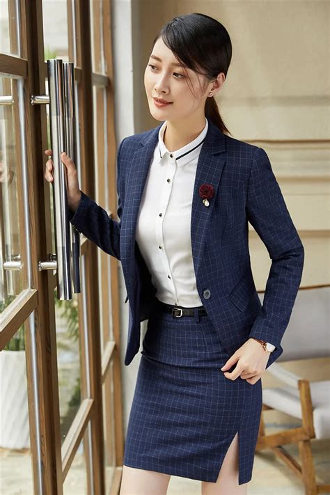 formal office uniform designs women blazers and jackets blue plaid blaser ladies work wear