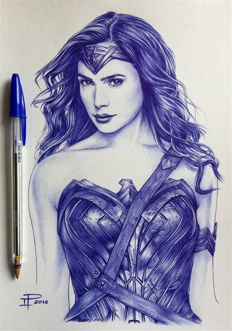 More images for wonder woman drawing » Gal Gadot - "Wonder Woman" - Ballpoint Pen | Ballpoint pen ...