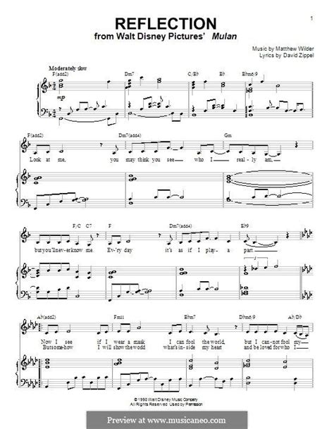 Reflection From Disneys Mulan By M Wilder Disney Music Sheet
