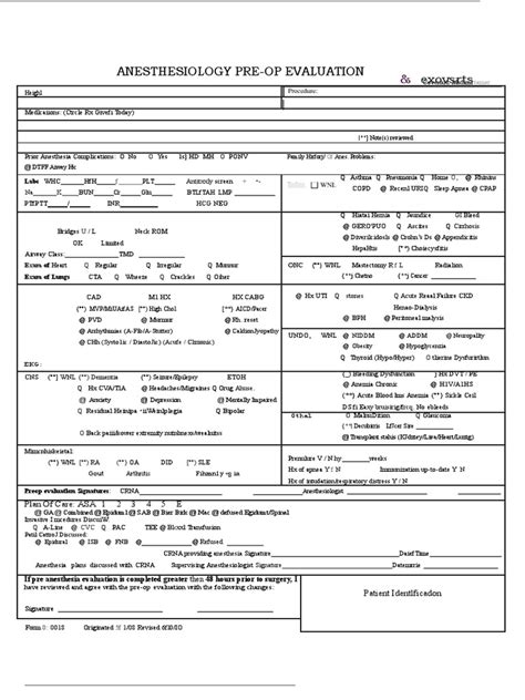 Pre Operative Anesthesiology Evaluation Form Collecting Patient