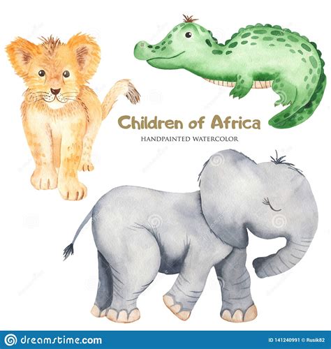 Watercolor Cute Cartoon African Animals Stock