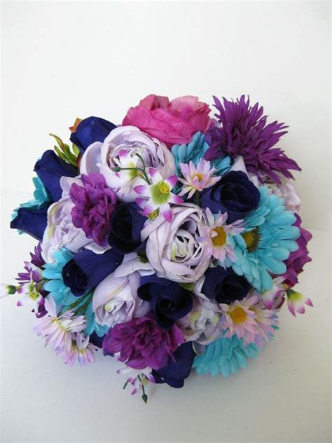 Lavender Purple Turquoise Wedding Round Bridal Bouquet Rose Etsy