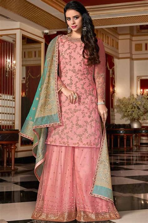 Pink Silk Palazzo Pant Suit With Resham Work Gharara Designs